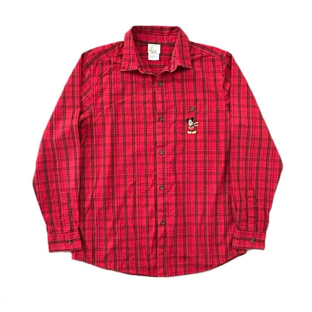 The Disney Store Mens‎ Small Red Plaid Shirt Button Up Embroidered Mickey Mouse - Picture 5 of 8